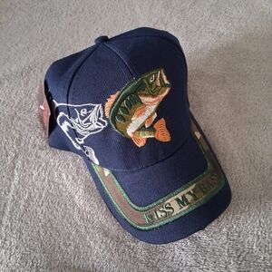 Bass Fishing Embroidered Kiss My Bass Strapback Hat Adult Adjustable Blue NWT